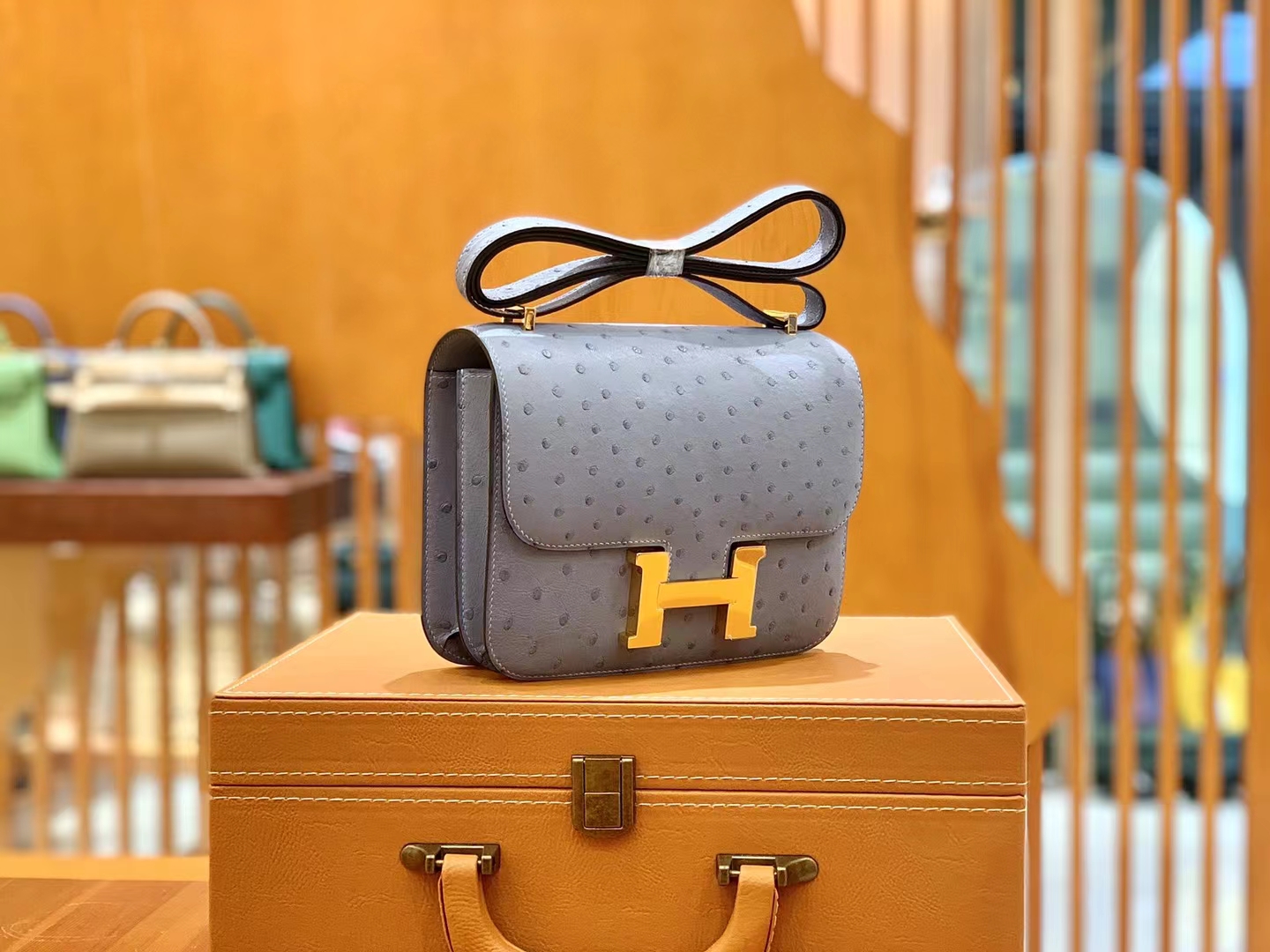 HERMES 爱马仕 Constance 空姐包 19cm 南非KK鸵鸟皮 Ostrich 8U Bleu Glacler 冰川蓝 进口蜜蜡线 全手工制作
