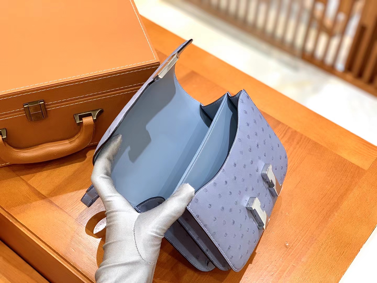 HERMES 爱马仕 Constance 空姐包 19cm 南非KK鸵鸟皮 Ostrich 8U Bleu Glacler 冰川蓝 进口蜜蜡线 全手工制作