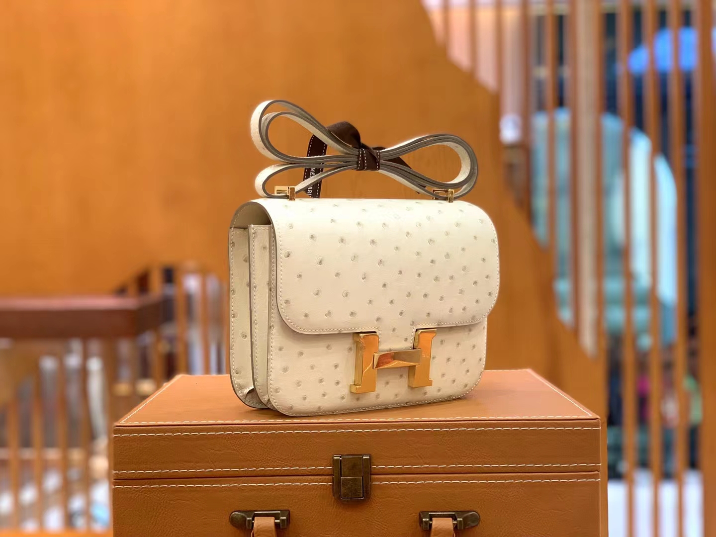 HERMES 爱马仕 Constance 空姐包 19cm 南非KK鸵鸟皮 Ostrich 3C Parchmin羊毛白 进口蜜蜡线 全手工制作
