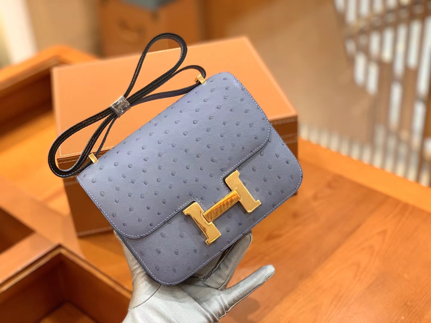 HERMES 爱马仕 Constance 空姐包 19cm 南非KK鸵鸟皮 Ostrich 8U Bleu Glacler 冰川蓝 进口蜜蜡线 全手工制作