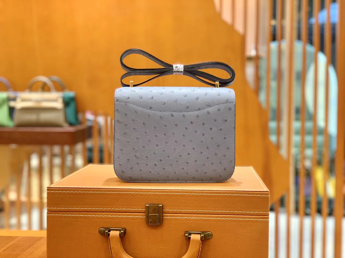 HERMES 爱马仕 Constance 空姐包 19cm 南非KK鸵鸟皮 Ostrich 8U Bleu Glacler 冰川蓝 进口蜜蜡线 全手工制作