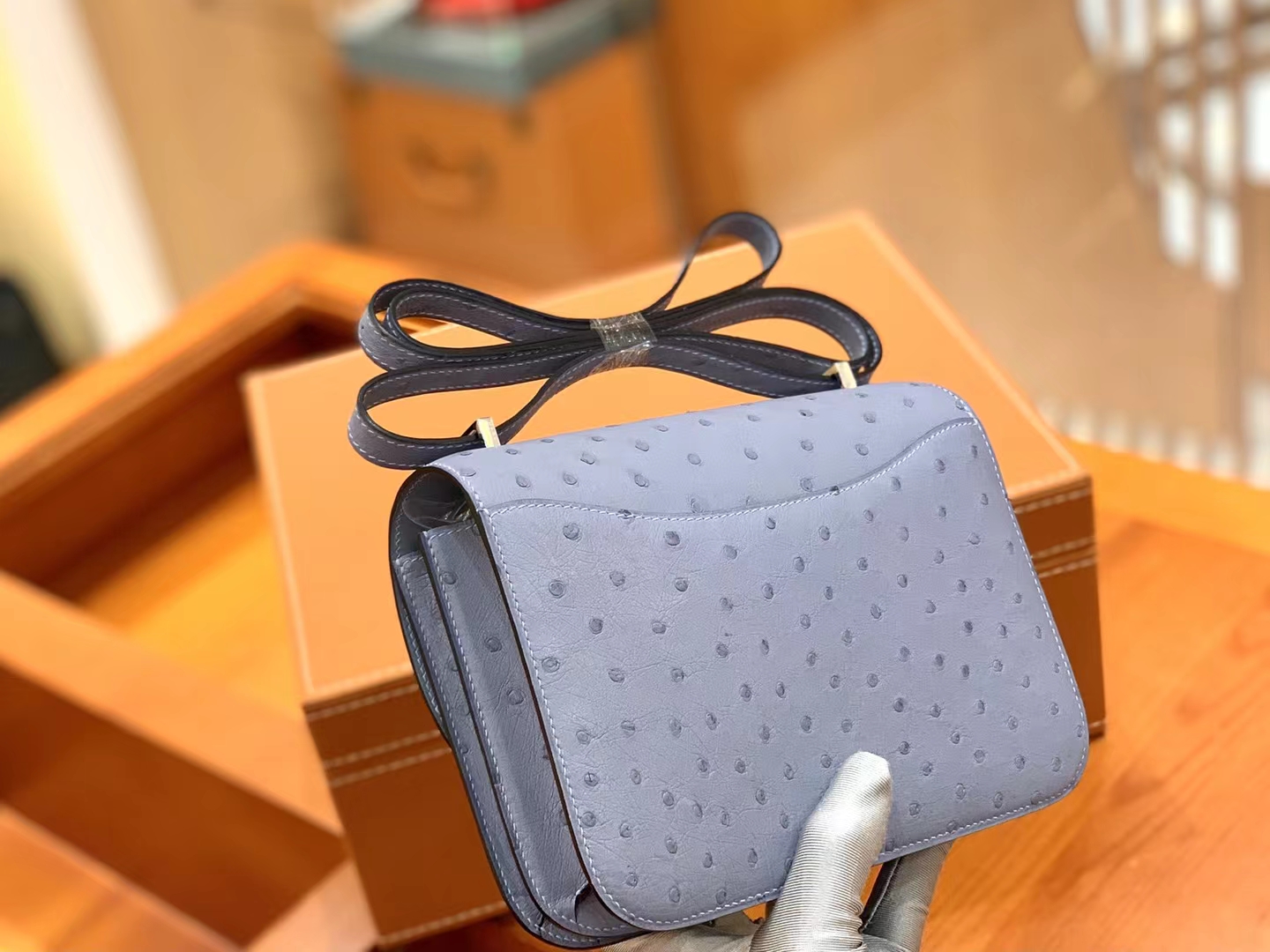 HERMES 爱马仕 Constance 空姐包 19cm 南非KK鸵鸟皮 Ostrich 8U Bleu Glacler 冰川蓝 进口蜜蜡线 全手工制作