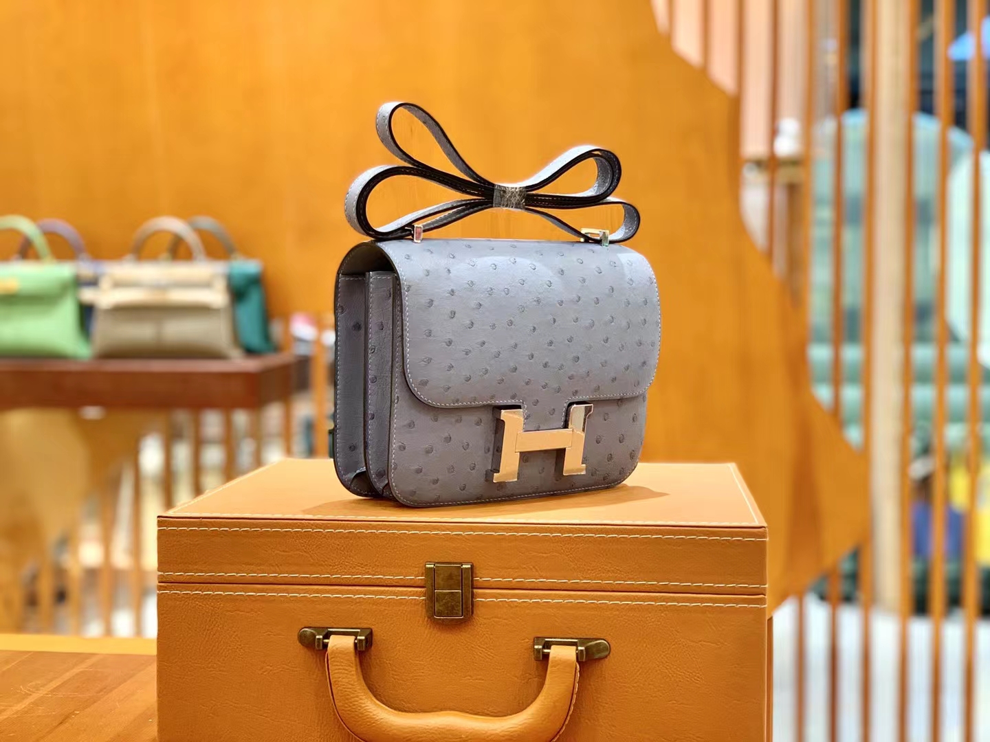 HERMES 爱马仕 Constance 空姐包 19cm 南非KK鸵鸟皮 Ostrich 8U Bleu Glacler 冰川蓝 进口蜜蜡线 全手工制作