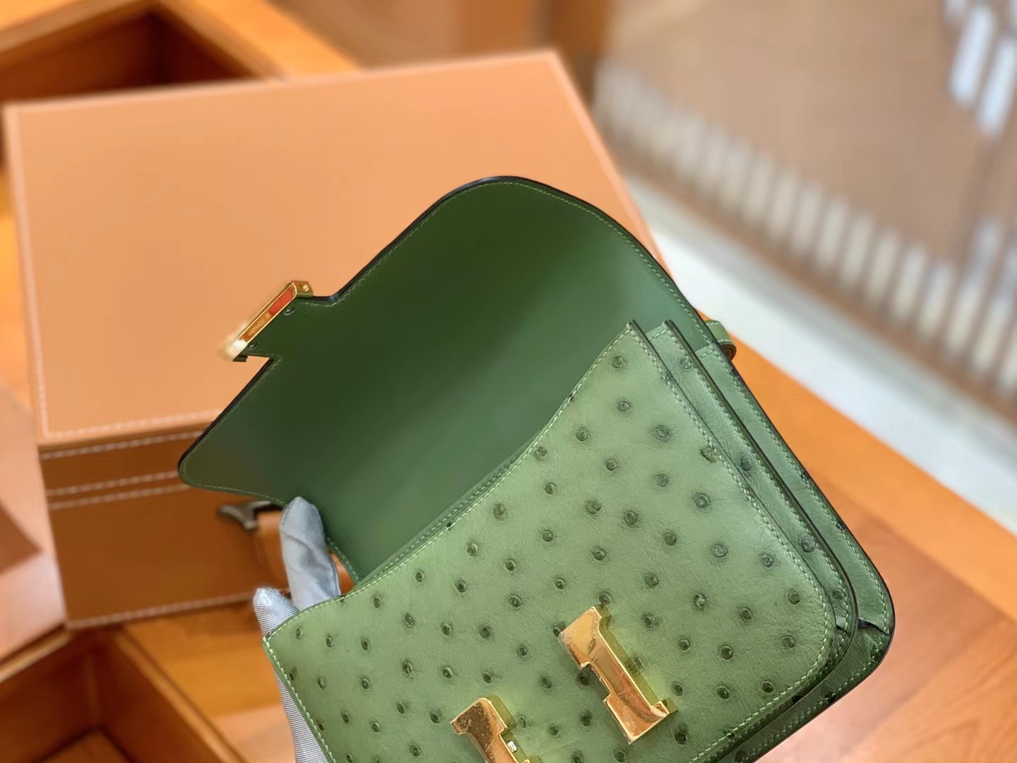 HERMES 爱马仕 Constance 空姐包 19cm 南非KK鸵鸟皮 Ostrich 3i 牛油果绿 进口蜜蜡线 全手工制作