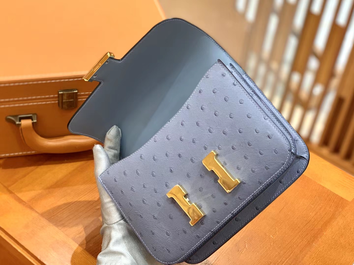 HERMES 爱马仕 Constance 空姐包 19cm 南非KK鸵鸟皮 Ostrich 8U Bleu Glacler 冰川蓝 进口蜜蜡线 全手工制作